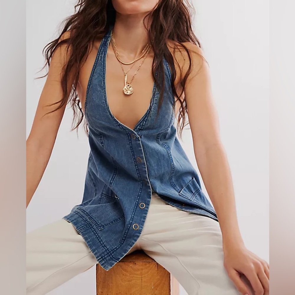 Free People Blue Denim Halter Top
